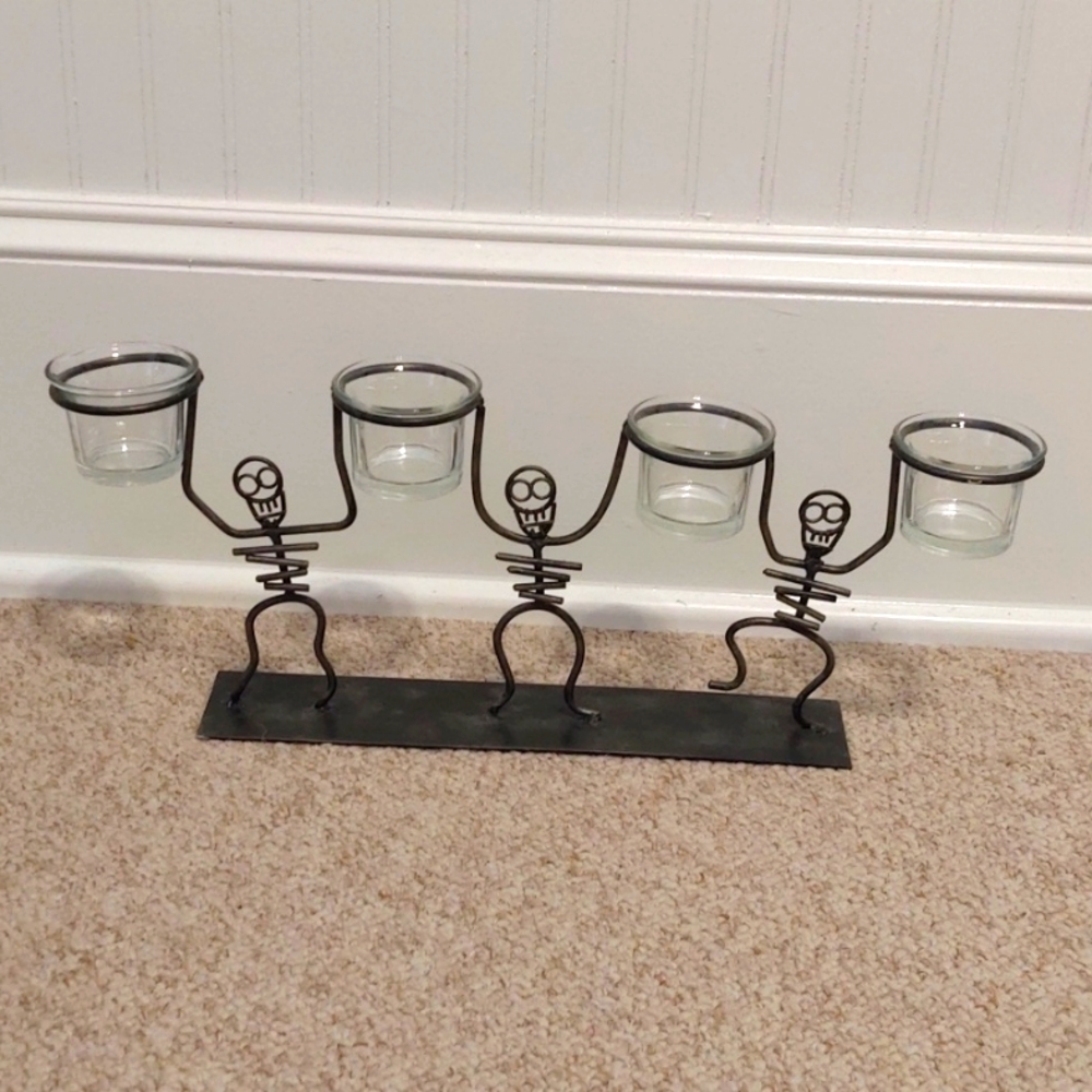Metal Skull Skeleton Halloween 16.5" Long Votive Candle Holder Centerpiece